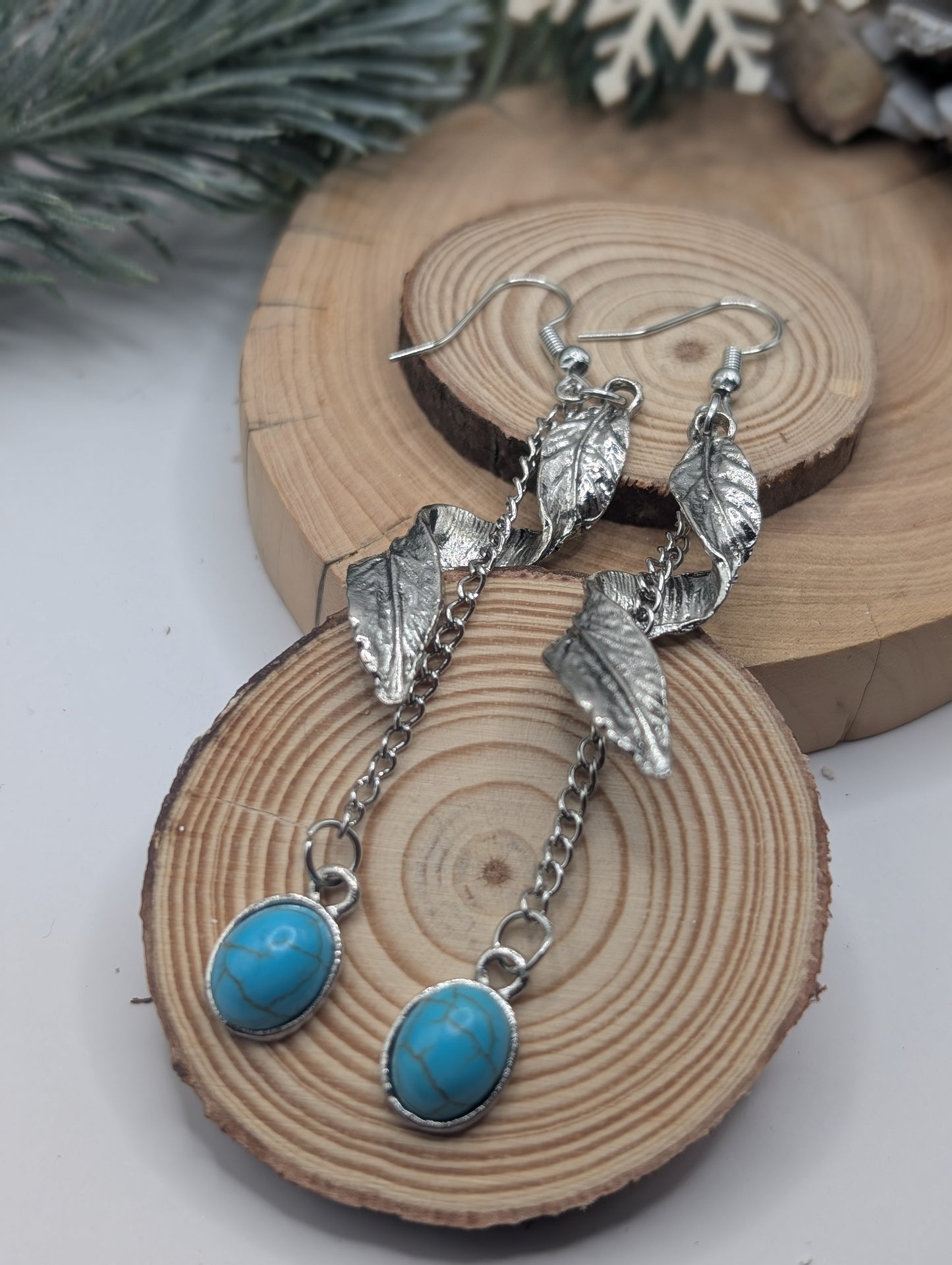 Silver Turquoise Spiral Feather Earrings