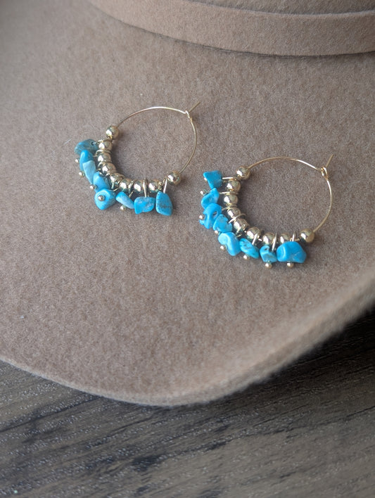 Gold Turquoise Beaded Hoops
