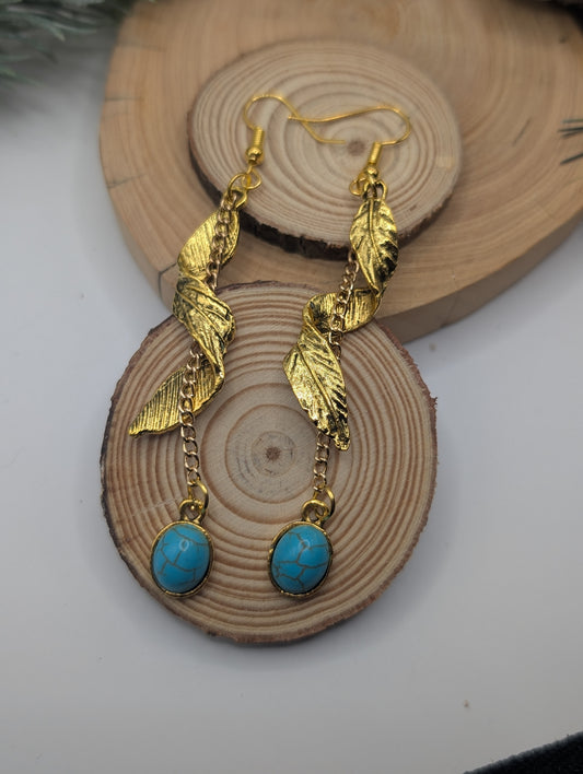 Gold Turquoise Spiral Feather Earrings