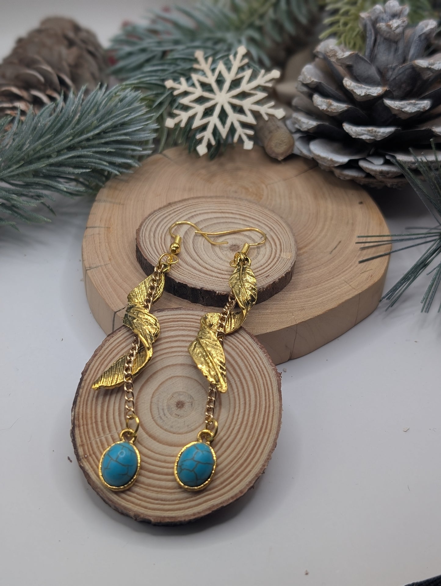Gold Turquoise Spiral Feather Earrings