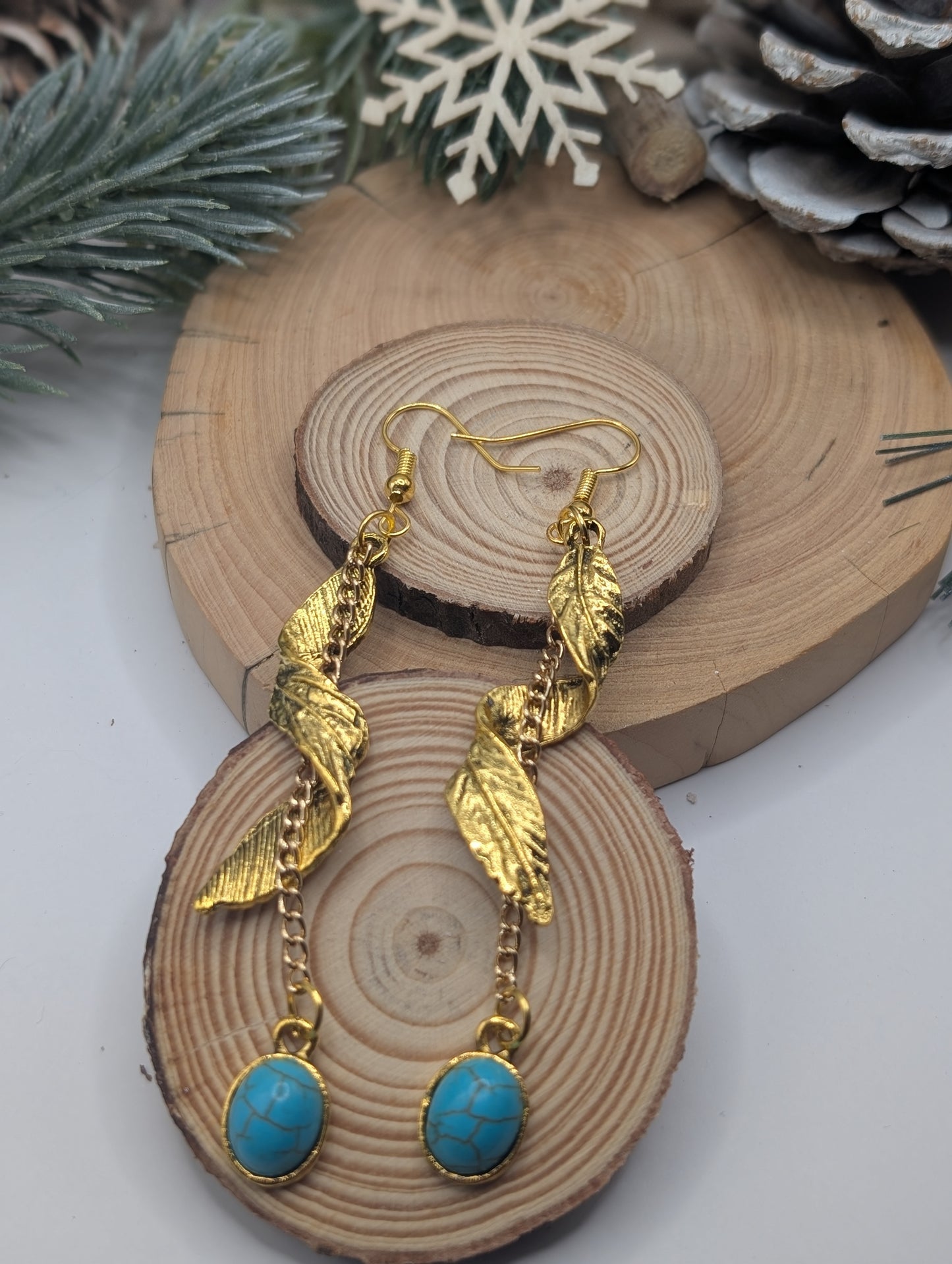 Gold Turquoise Spiral Feather Earrings