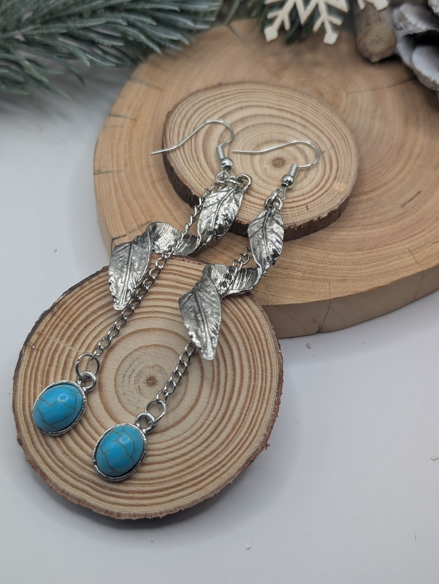 Silver Turquoise Spiral Feather Earrings