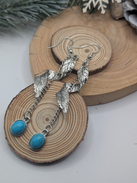 Silver Turquoise Spiral Feather Earrings