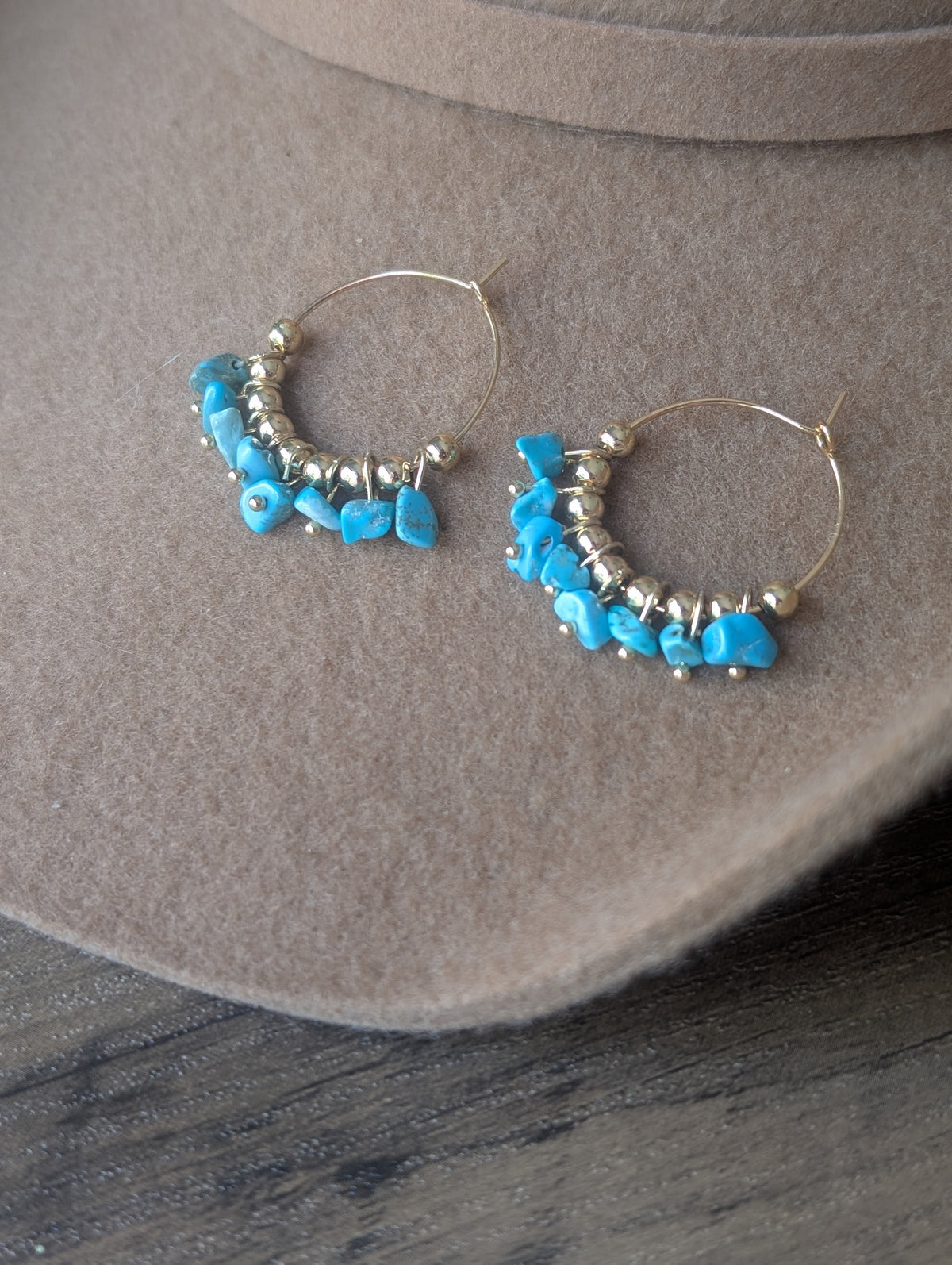 Gold Turquoise Beaded Hoops
