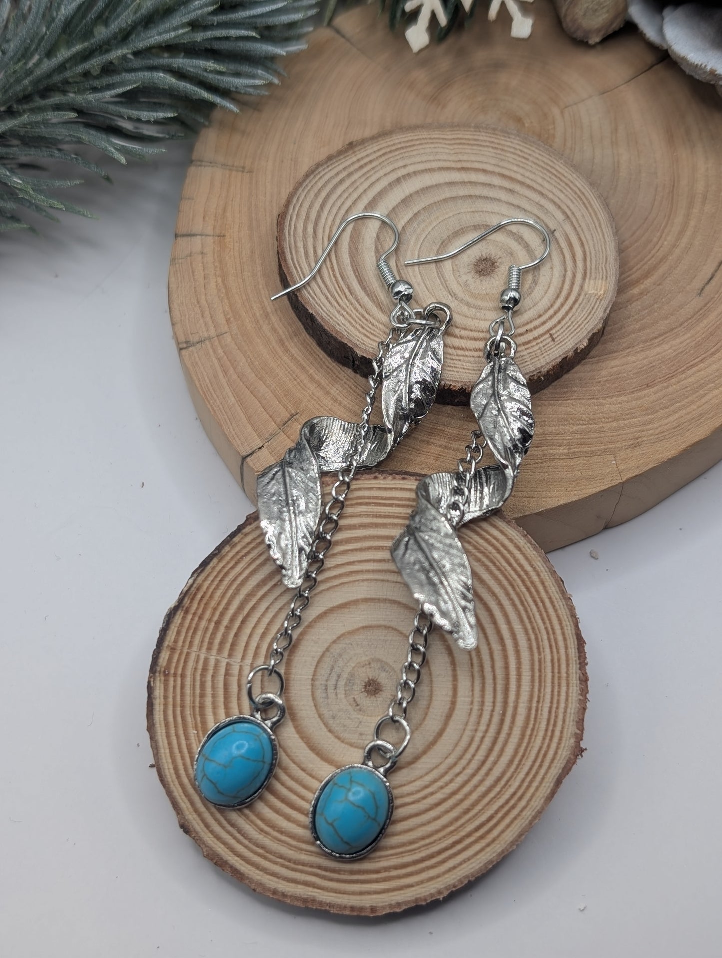 Silver Turquoise Spiral Feather Earrings